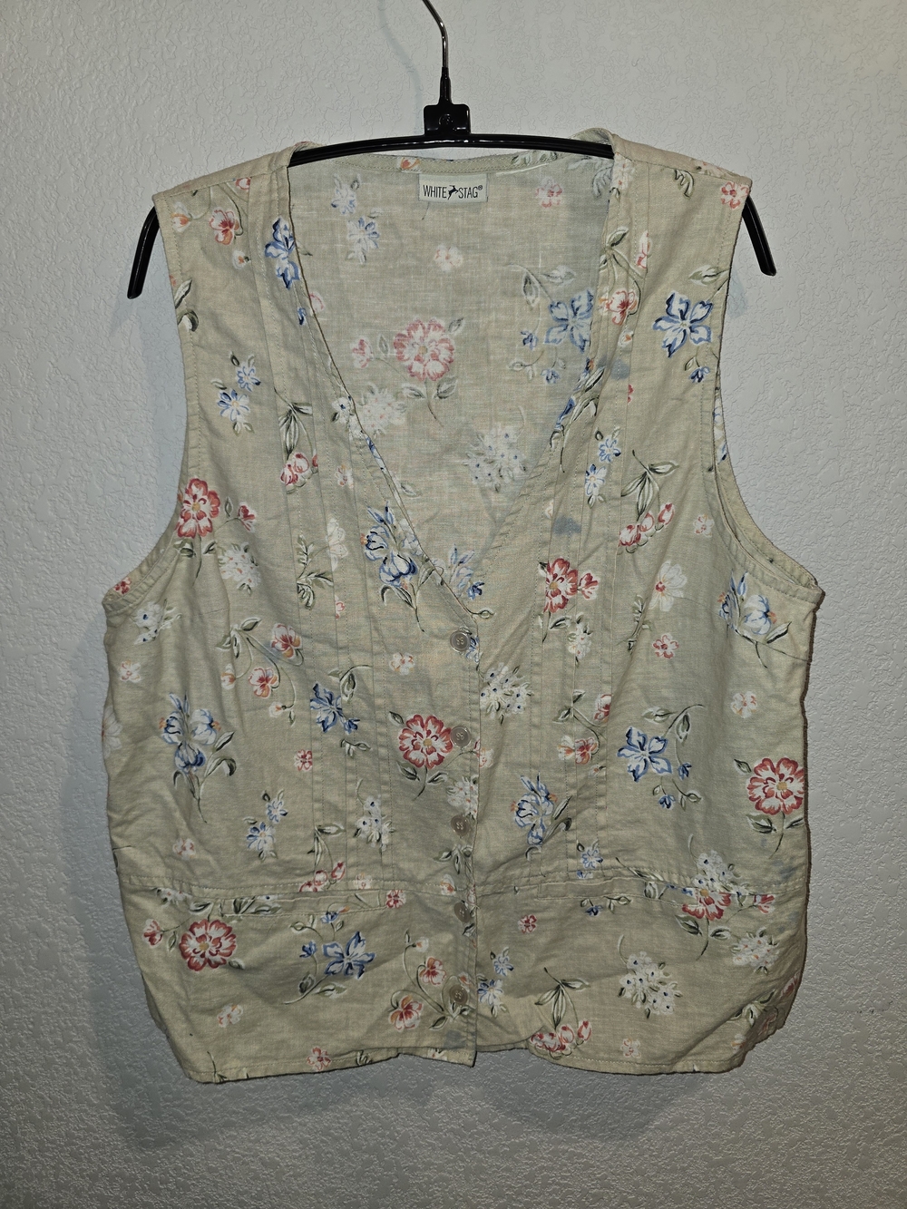 Vintage White Stag Floral Button-Up Vest Top Sage Green Cottagecore